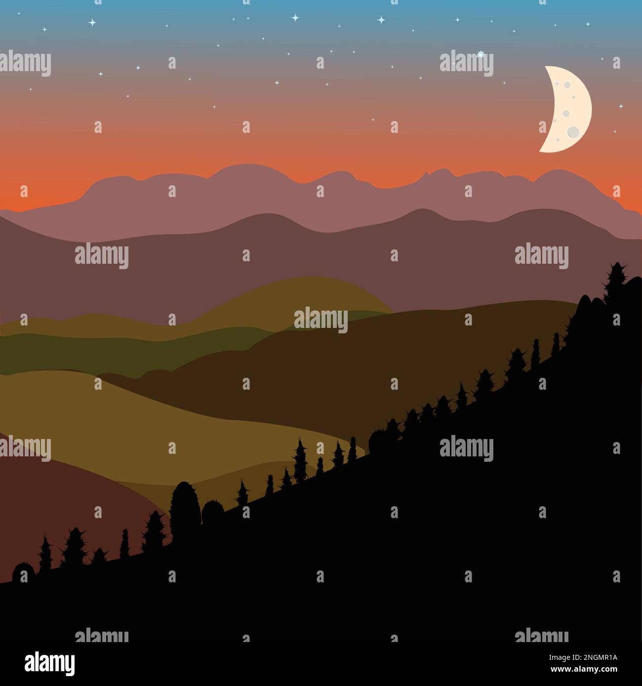 Vector landscape with brown, green and black  mountain hills silhouette and moon, vector Stock Vector