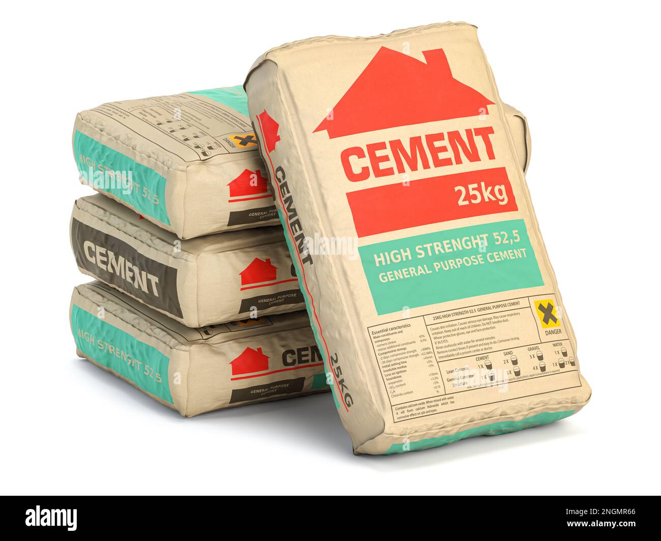 Cement bags o sacks isolated on white. 3d illustration Stock Photo