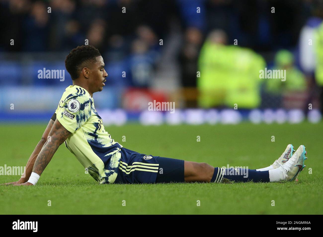 Everton, UK. 18th Feb, 2023. Junior Firpo of Leeds United looks dejected at the end of the game. Premier League match, Everton v Leeds Utd at Goodison Park in Liverpool on Saturday 18th February 2023. this image may only be used for Editorial purposes. Editorial use only, license required for commercial use. No use in betting, games or a single club/league/player publications. pic by Chris Stading/Andrew Orchard sports photography/Alamy Live news Credit: Andrew Orchard sports photography/Alamy Live News Stock Photo