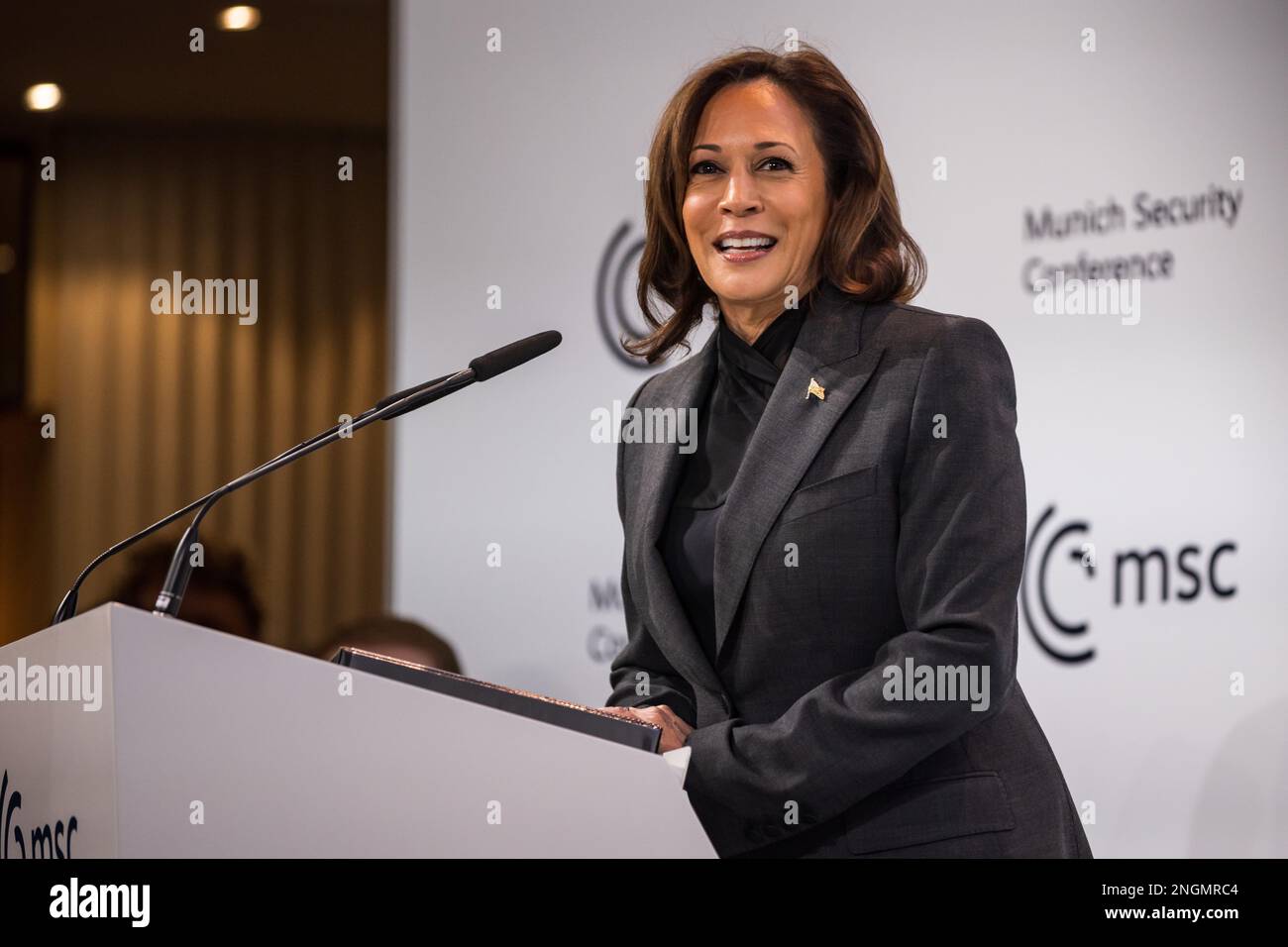 Munich, Germany. 18th Feb, 2023. U.S Vice President Kamala Harris delivers remarks at the Munich Security Conference at the Bayerischer Hof Hotel February 18, 2023 in Munich, Germany. Harris announced that Russia has committed crimes against humanity and said they will be held accountable. Credit: Alexandra Baier/MSC/Alexandra Baier/Alamy Live News Stock Photo