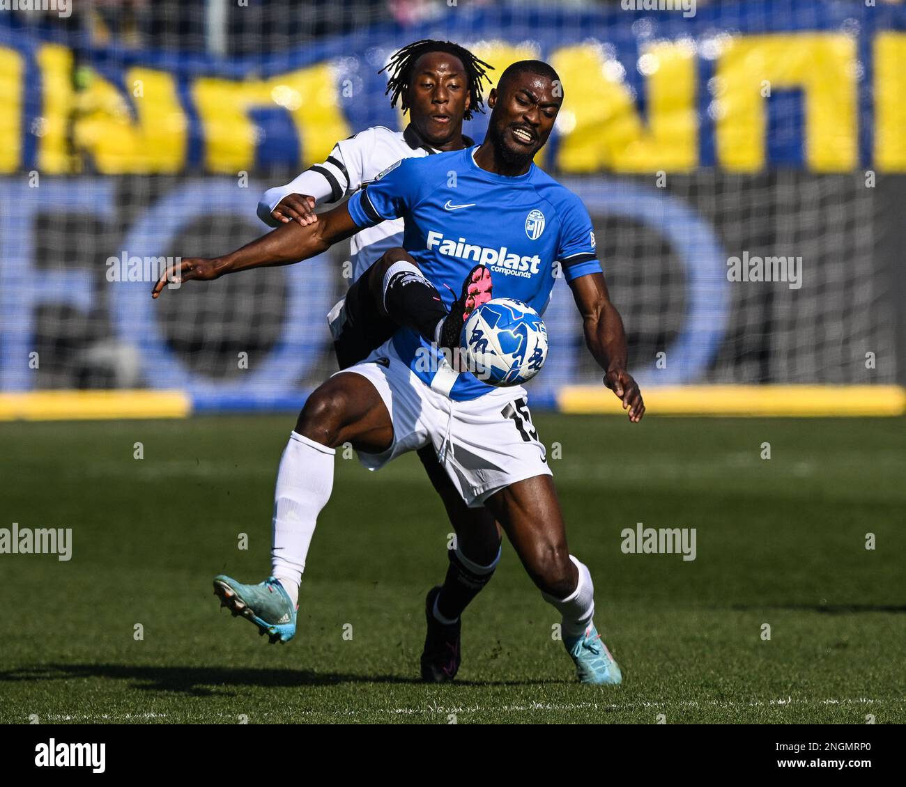 Parma, Italy. 18th Feb, 2023. Tardini Stadium, 18.02.23 Woyo Coulibaly (26  Parma) and Cedric Gondo (15 Ascoli) during the Serie B match between Parma  and Ascoli at Tardini Stadium in Parma, Italia