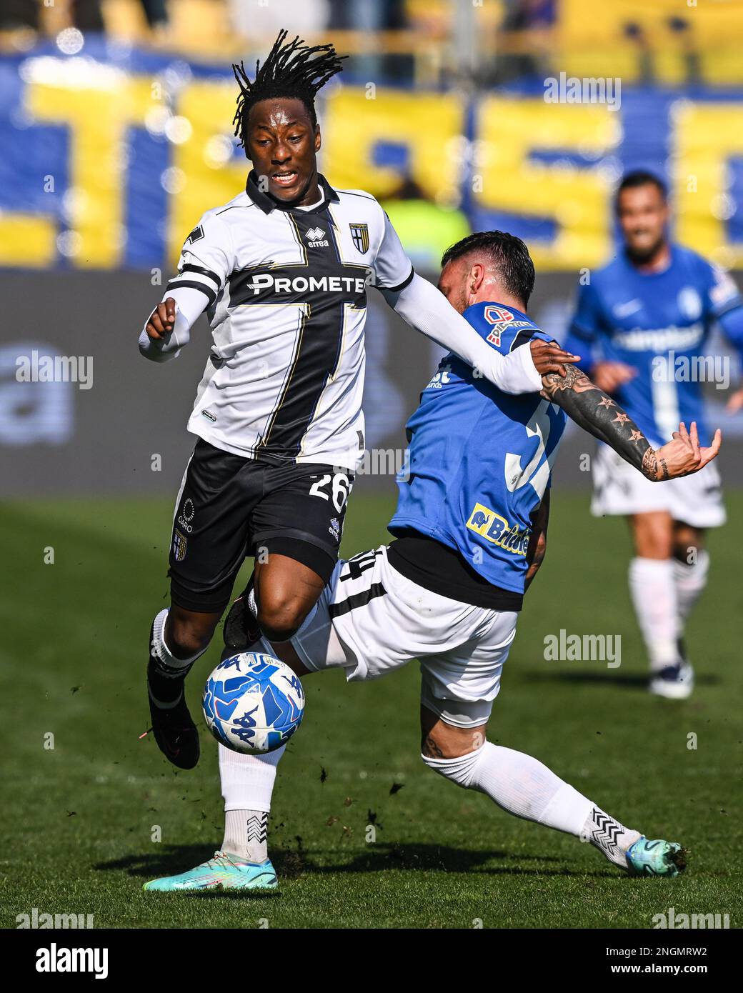 Parma, Italy. 18th Feb, 2023. Tardini Stadium, 18.02.23 Woyo Coulibaly (26  Parma) and Cedric Gondo (15 Ascoli) during the Serie B match between Parma  and Ascoli at Tardini Stadium in Parma, Italia