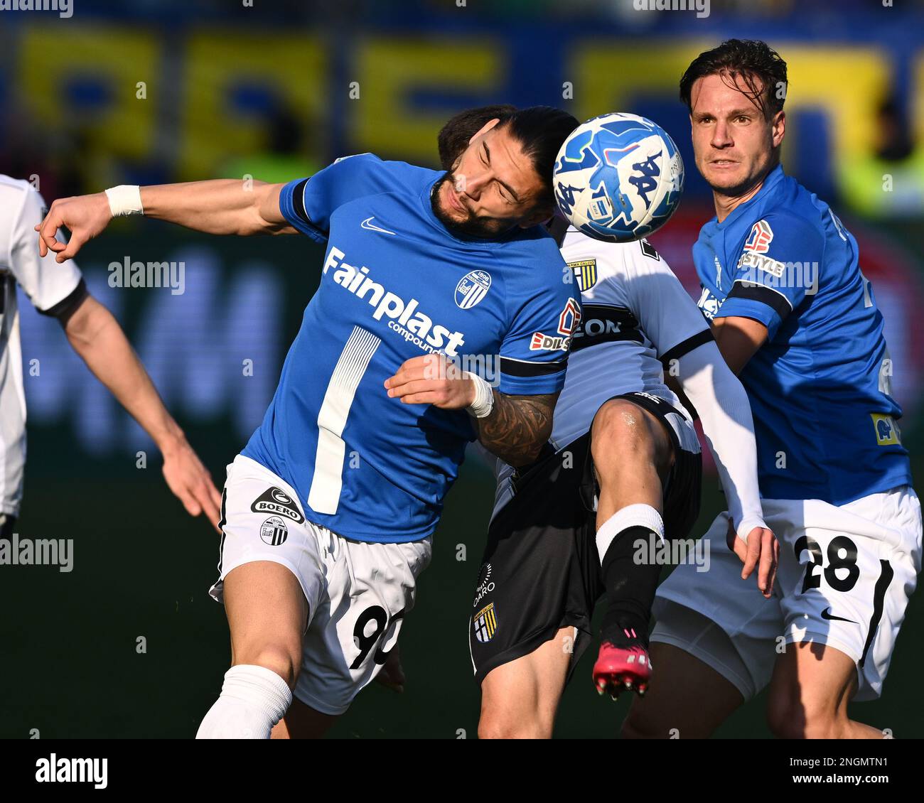 Parma, Italy. 18th Feb, 2023. Tardini Stadium, 18.02.23 Woyo Coulibaly (26  Parma) and Cedric Gondo (15 Ascoli) during the Serie B match between Parma  and Ascoli at Tardini Stadium in Parma, Italia