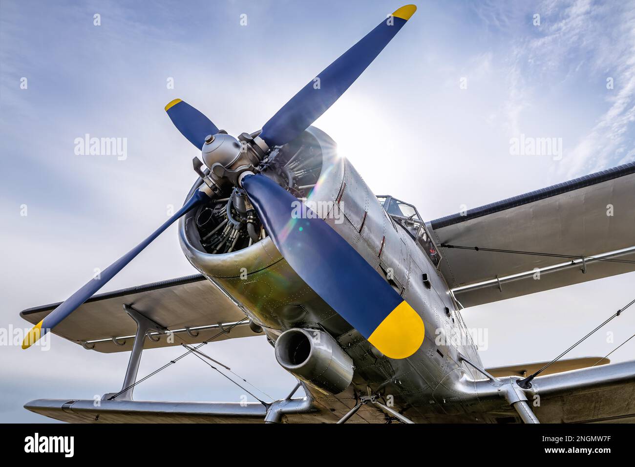 propeller of an historical aircraft against a sunny sky Stock Photo