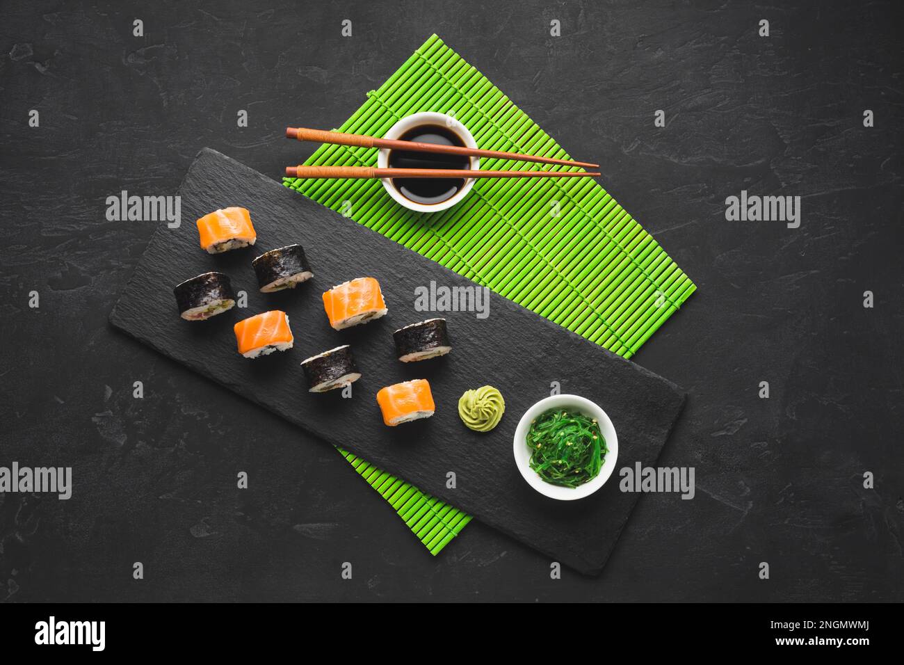 top view sushi plating bamboo mat. High resolution photo Stock Photo