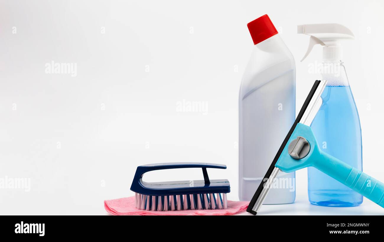 arrangement with cleaning products white background. High resolution photo Stock Photo
