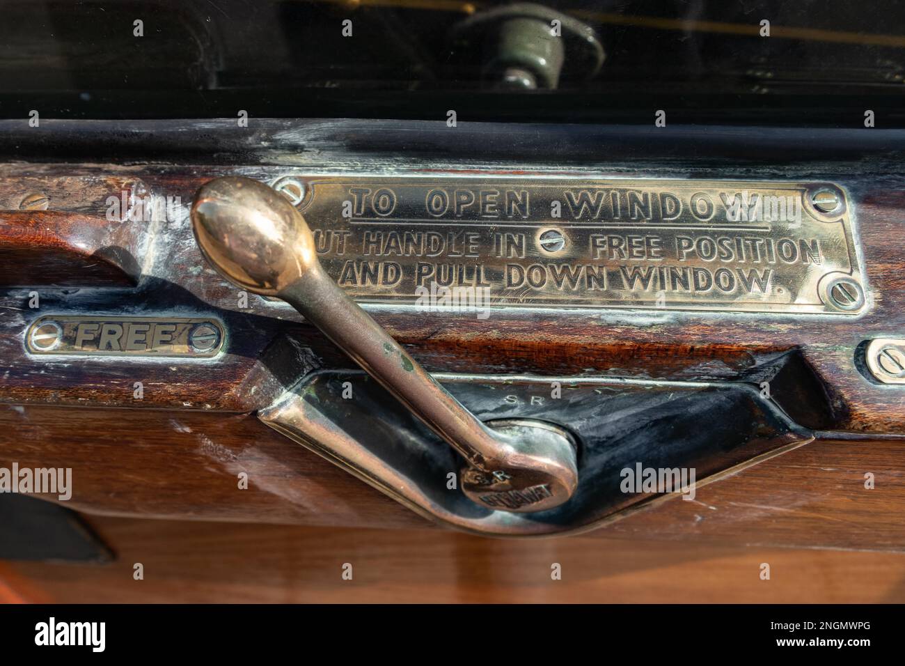 EAST GRINSTEAD, WEST SUSSEX/UK - AUGUST 30 : Window lever on a steam train in East Grinstead station West Sussex on August 30, 2019 Stock Photo