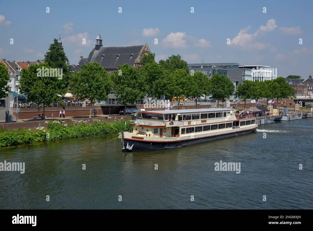Excursion boat at the mooring, on the Meuse, Maastricht, Limburg Province, Holland Stock Photo