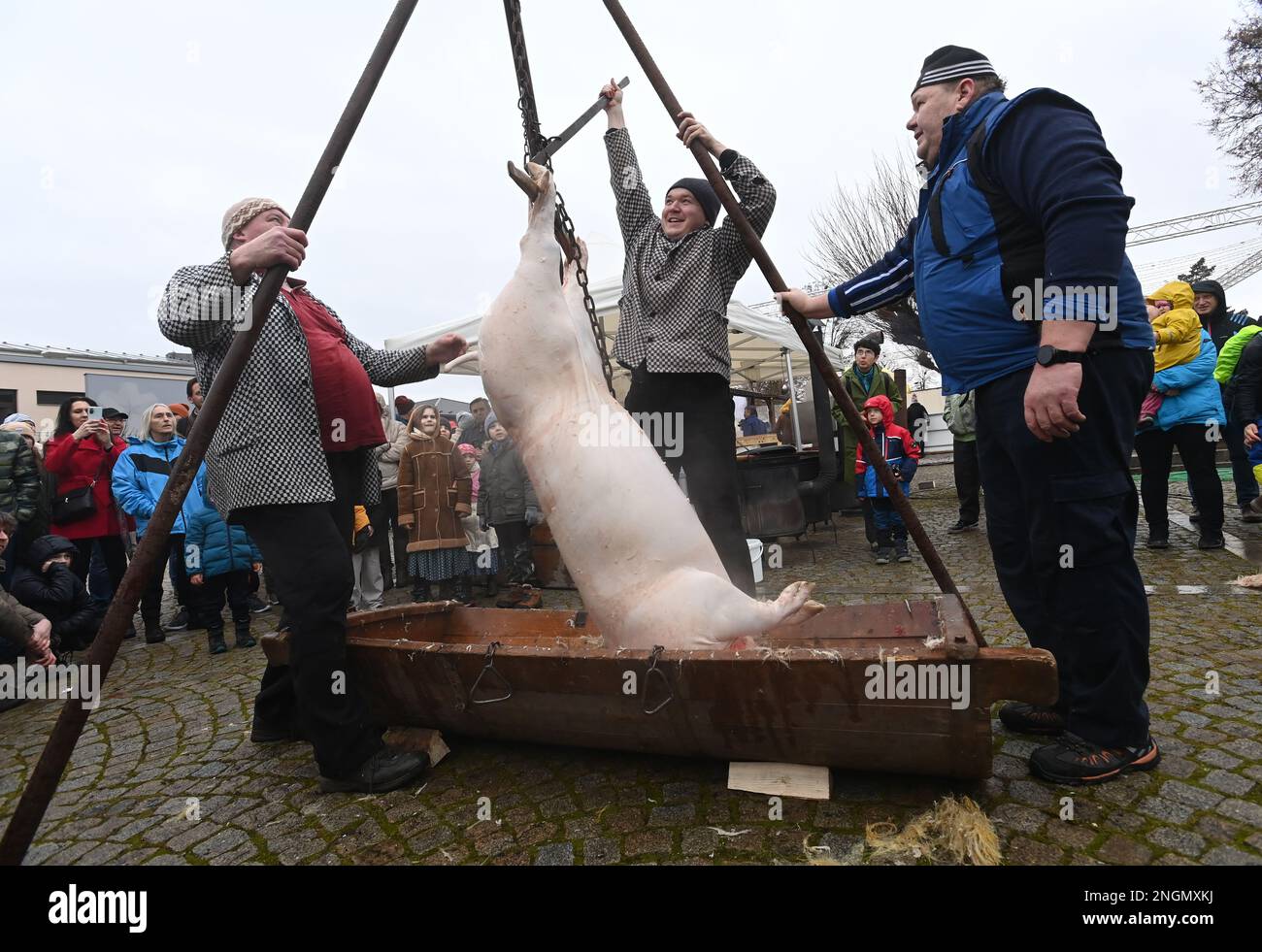 Velka Bystrice, Czech Republic. 18th Feb, 2023. Traditional Slavic carnival was held on February 18, 2023, in Velka Bystrice, Czech Republic. On the photo is seen a pig slaughtering, part of the carnival. Credit: Ludek Perina/CTK Photo/Alamy Live News Stock Photo