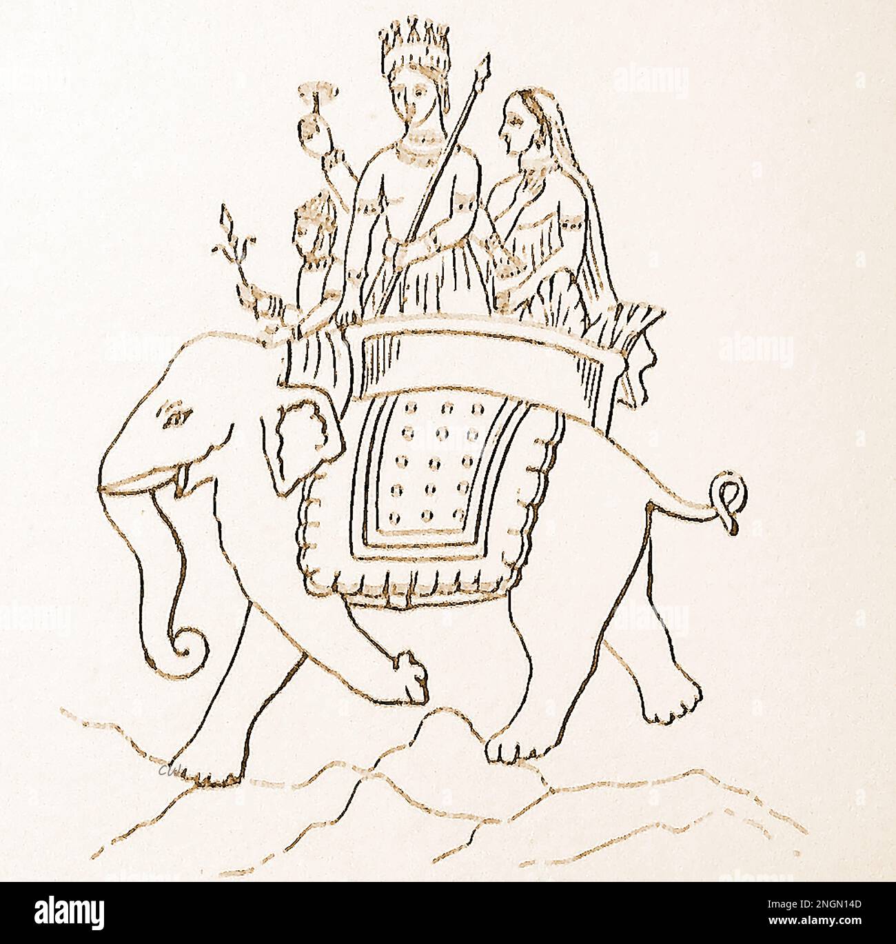 A late 19th century dictionary illustration of the Vedic Hindu deity, INDRA, ( इन्द्र)  riding an elephant. He is regarded as the King of the Devas and King of Svarga (heaven)  also God of Lightning, Thunder, Storms and Rain  --- 19 वीं शताब्दी के उत्तरार्ध में वैदिक हिंदू देवता, इंद्र, (इन्द्र) का एक शब्दकोश चित्रण एक हाथी की सवारी करता है। उन्हें देवों के राजा और स्वर्ग (स्वर्ग) के राजा के रूप में माना जाता है, साथ ही बिजली, गरज, तूफान और बारिश के देवता भी Stock Photo