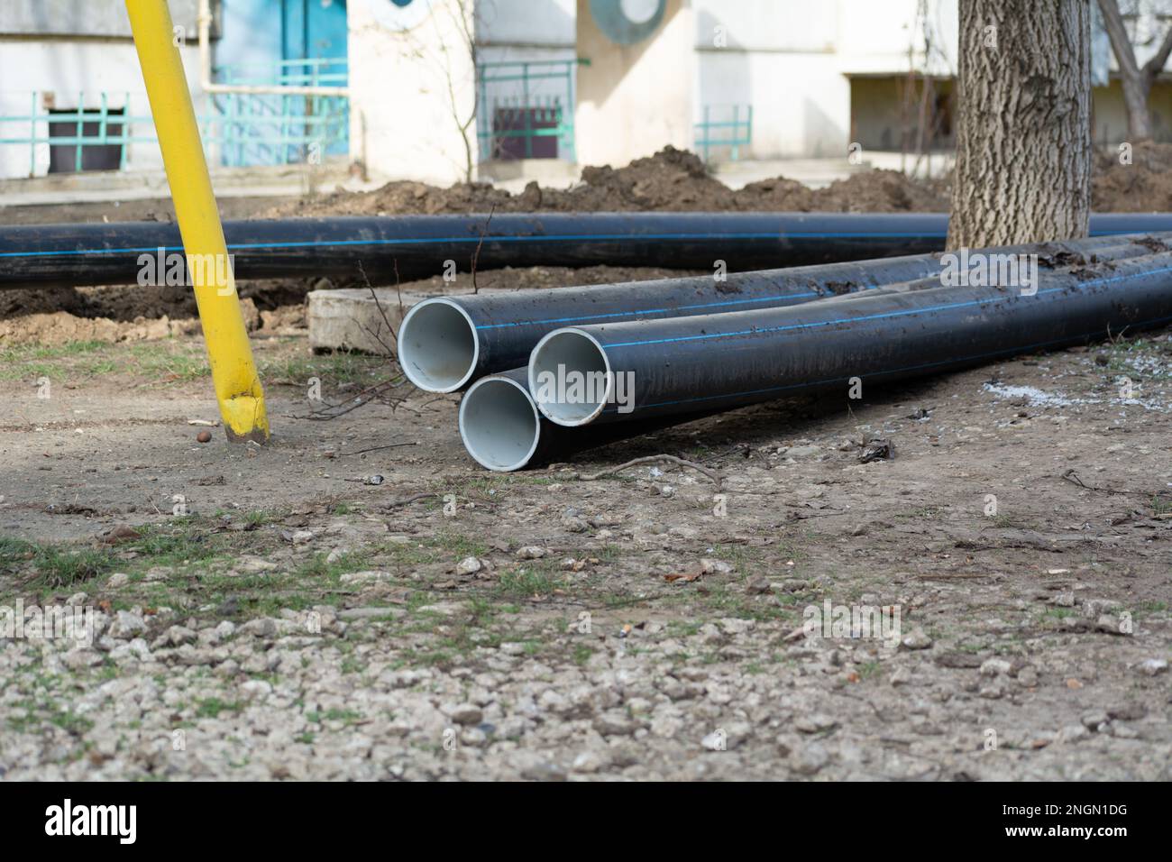 Sanitary piping. Plastic stacked PVC plastic industrial pipes on