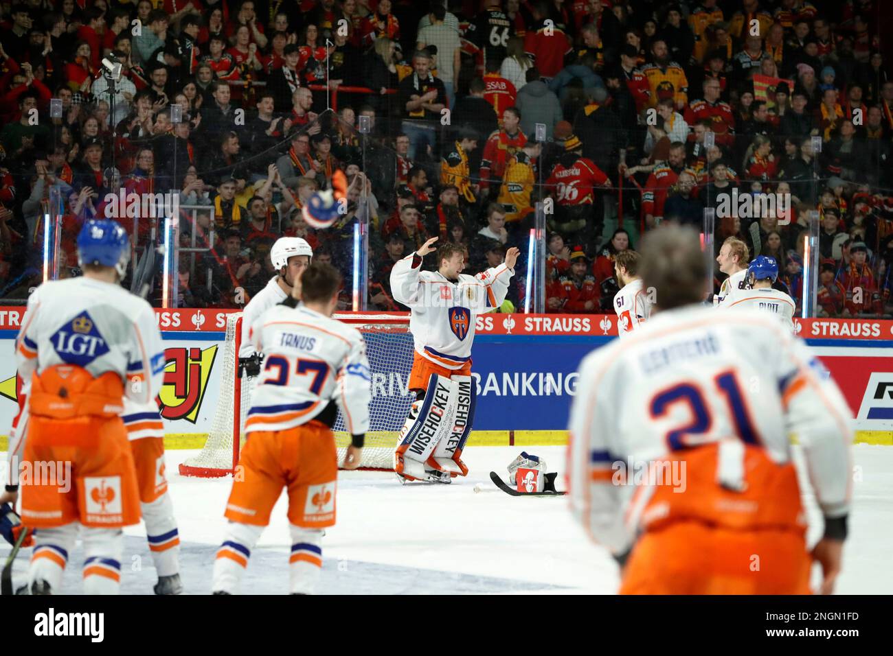 Tappara players celebrates winning the Champions Hockey League final ice hockey match between Lulea Hockey and Tappara Tampere at Coop Norrbotten Arena in Lulea, Sweden, Saturday Feb