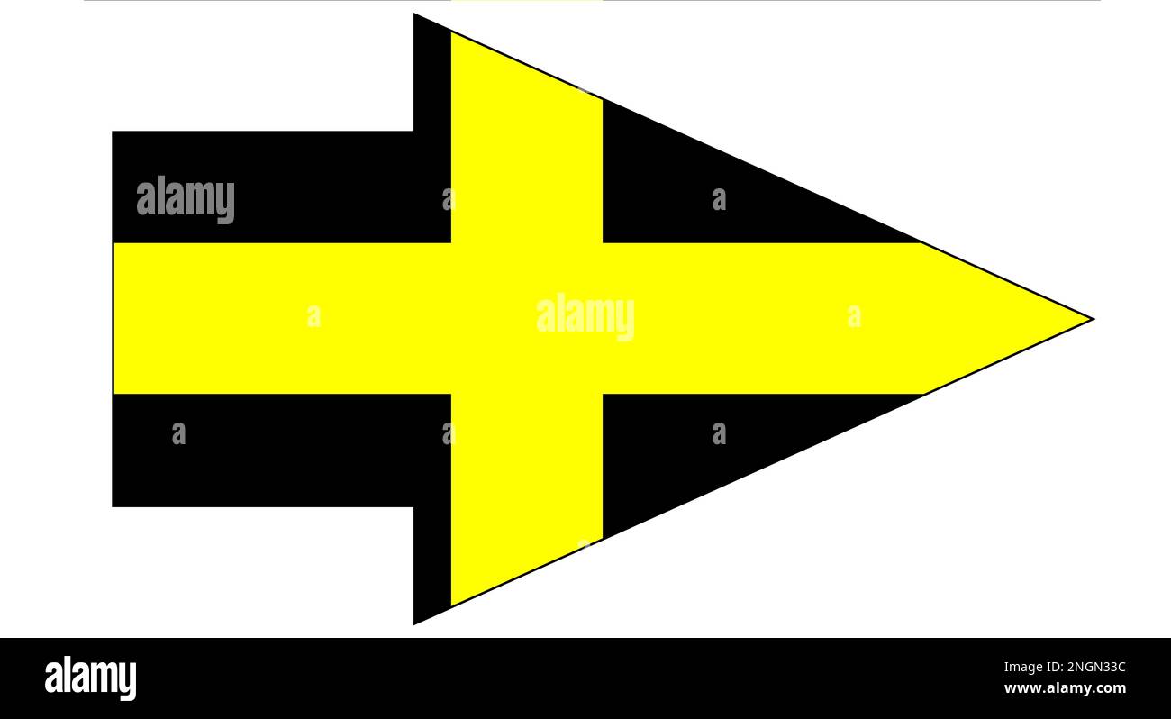 The flag of Saint David, a black background with a yellow cross set within an arrow pointer Stock Photo