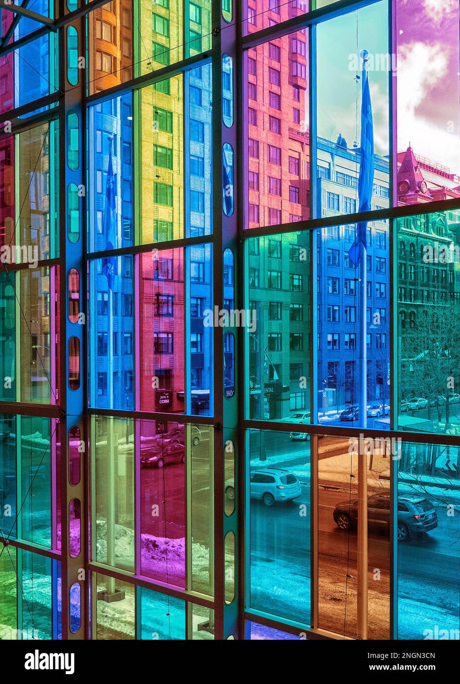 Colorful window of the Montreal convention center. Fenêtre coiorée du palais des congrès de Montréal Stock Photo