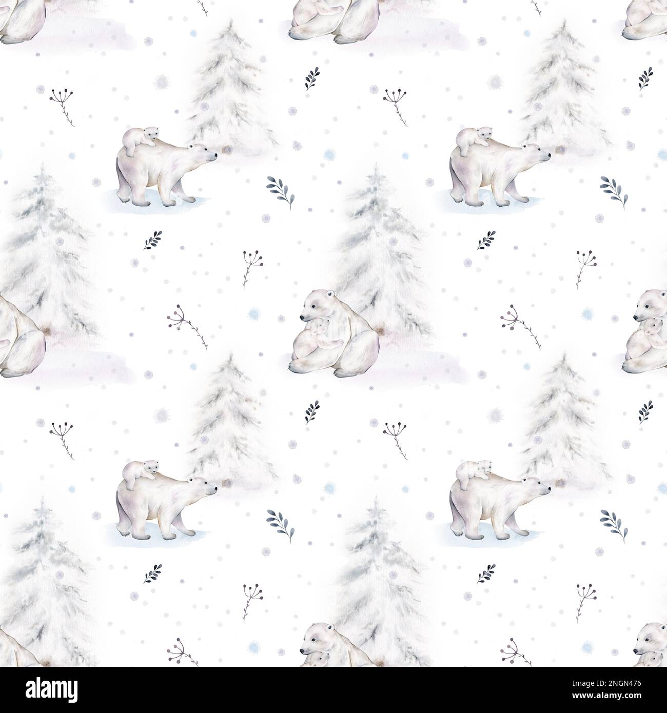 Cute seamless pattern with watercolor winter polar bear. Mother and her