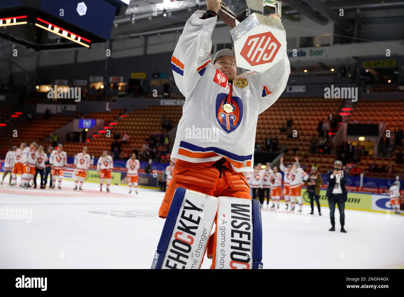 Tapparas Anton Levtchi lifts the trophy as they celebrate winning the Champions Hockey League final ice hockey match between Lulea Hockey and Tappara Tampere at Coop Norrbotten Arena in Lulea, Sweden, Saturday