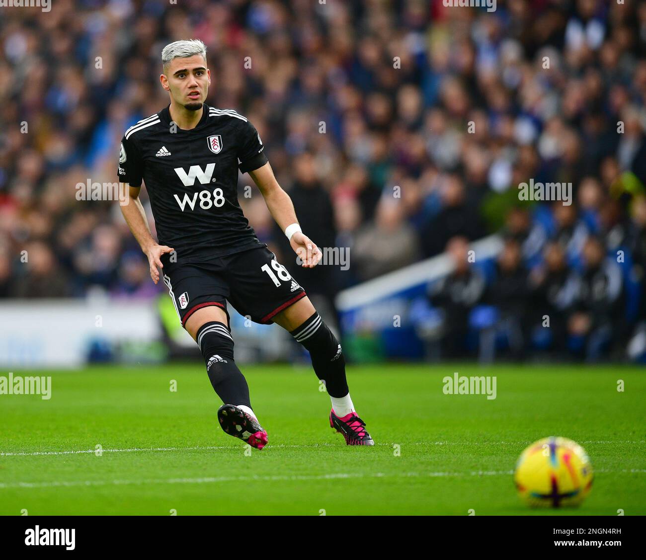 Brighton, UK. 18th Feb, 2023. Andreas Pereira of Fulham FC during the Premier League match between Brighton & Hove Albion and Fulham at The Amex on February 18th 2023 in Brighton, England. (Photo by Jeff Mood/phcimages.com) Credit: PHC Images/Alamy Live News Stock Photo