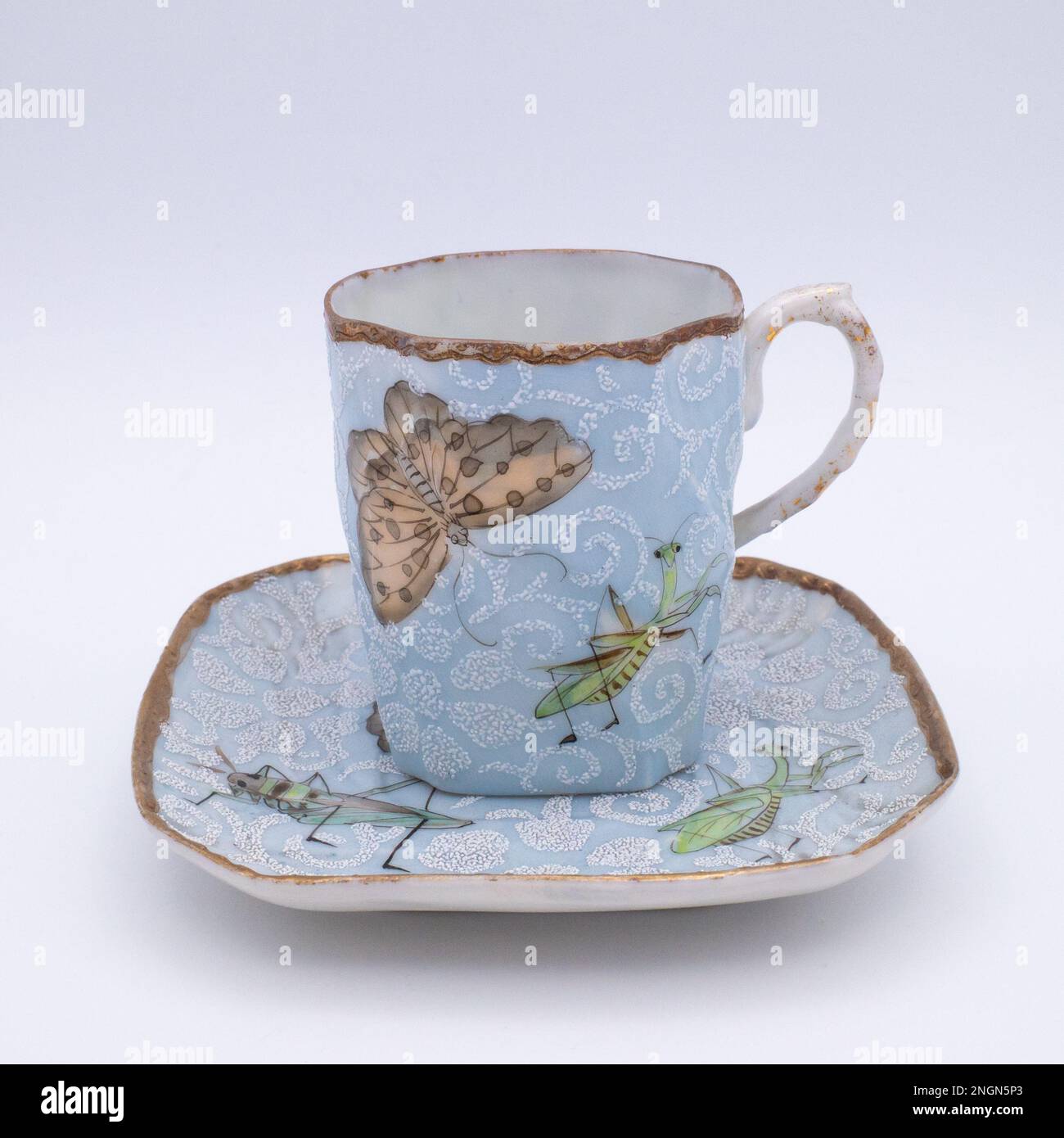 Antique Japanese Kutani Porcelain Tea Cup and Saucer With Insects and