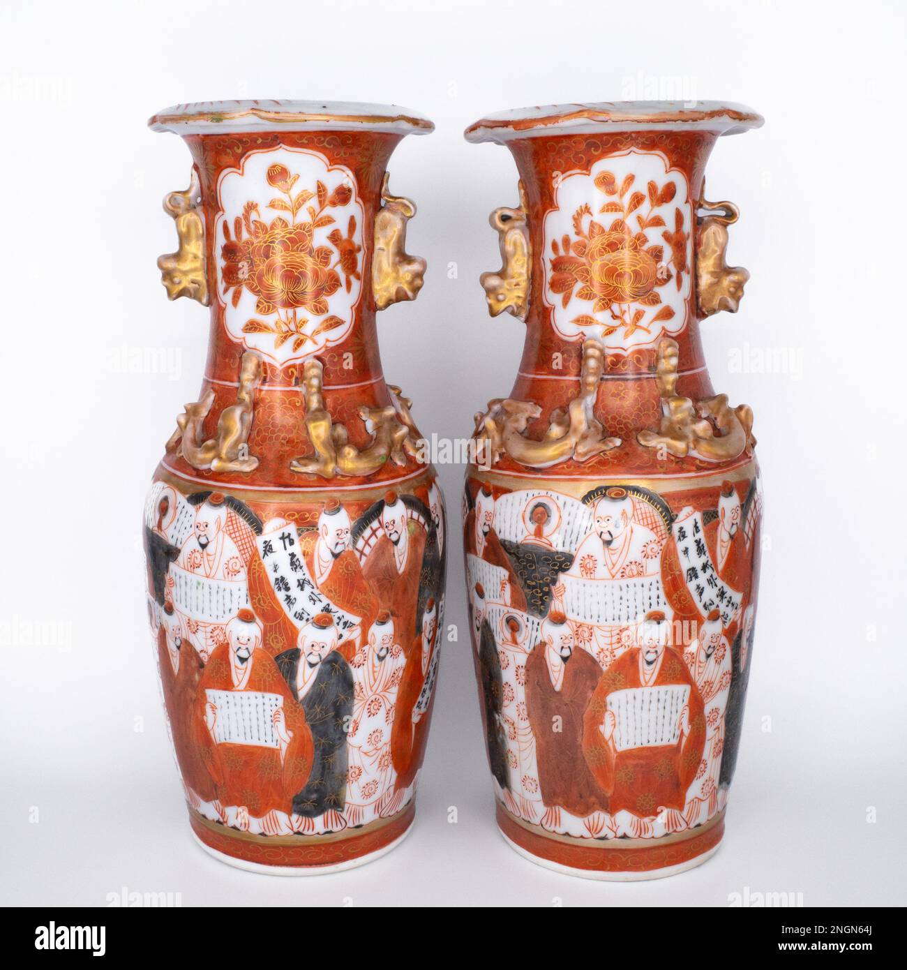 Antique CHINESE Rouge de Fer Porcelain Vases in Japanese Kutani Style