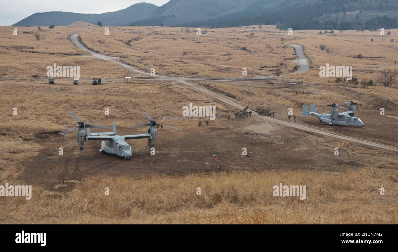 Kusu, Japan. 18th Feb, 2023. U.S. Marines' MV-22 Osprey take part in the joint exercise 'Iron Fist 23' with Japan Ground Self-Defense Force at Hijyudai Maneuver Area in Oita-Prefecture, Japan on February 18, 2023. Photo by Keizo Mori/UPI Credit: UPI/Alamy Live News Stock Photo