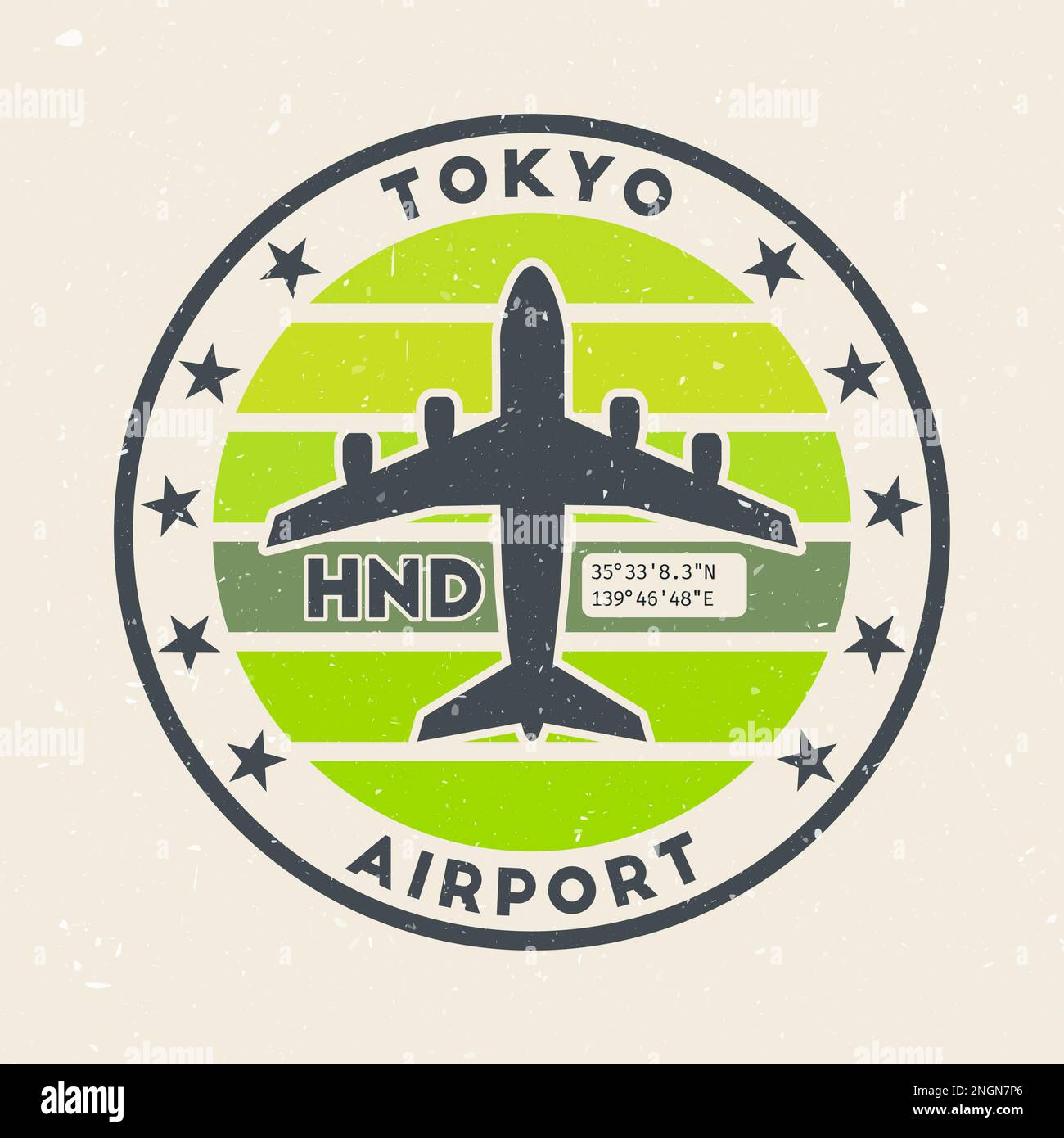 Tokyo airport insignia. Round badge with vintage stripes, airplane shape, airport IATA code and GPS coordinates. Appealing vector illustration. Stock Vector