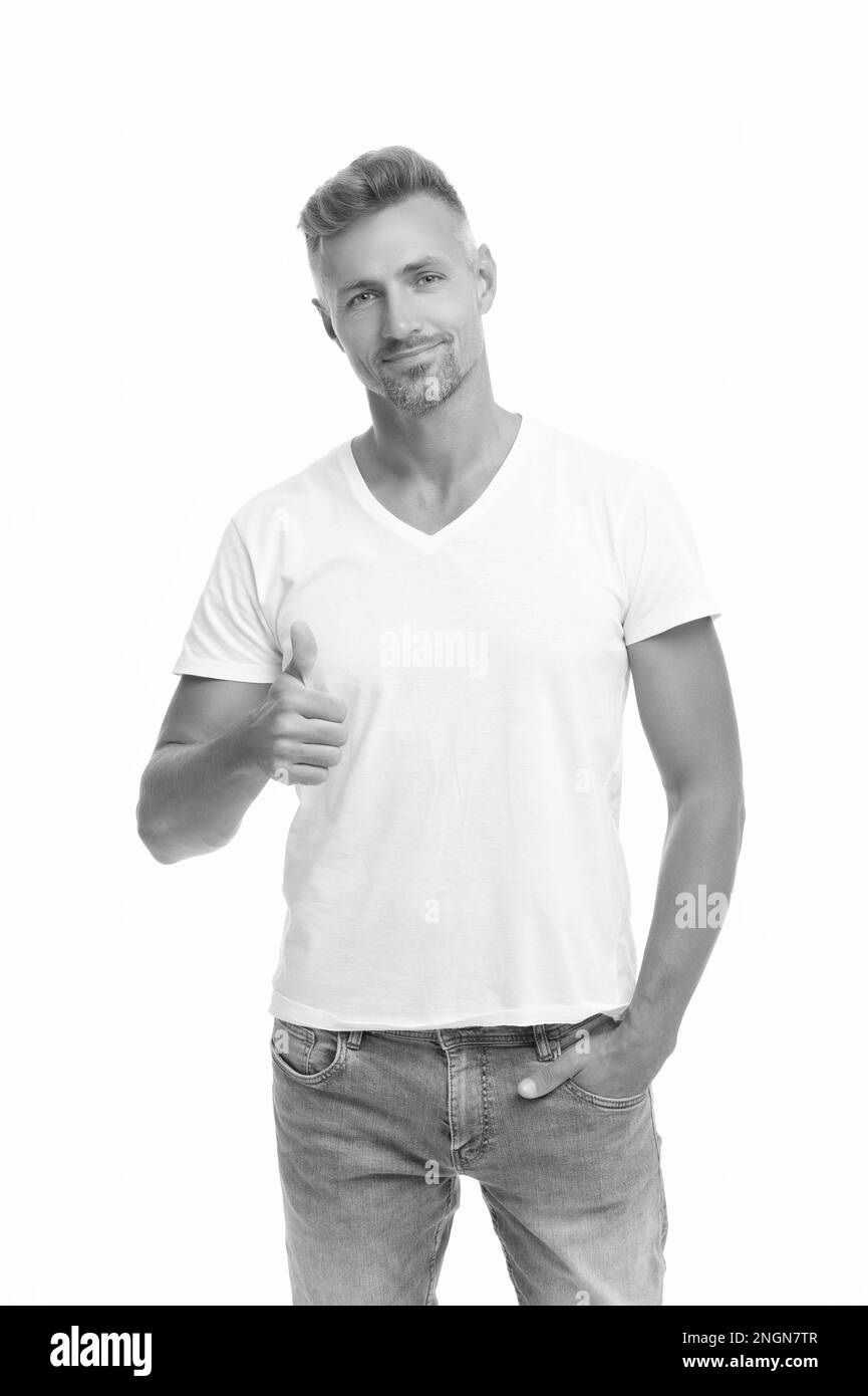 I put my thumb for you. Happy man give thumb. Handsome man show