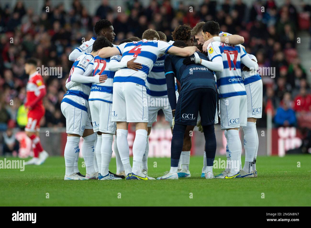 Queens Park Rangers players huddle prior to the Sky Bet Championship match between Middlesbrough and Queens Park Rangers at the Riverside Stadium, Middlesbrough on Saturday 18th February 2023. (Photo: Trevor Wilkinson | MI News) Credit: MI News & Sport /Alamy Live News Stock Photo
