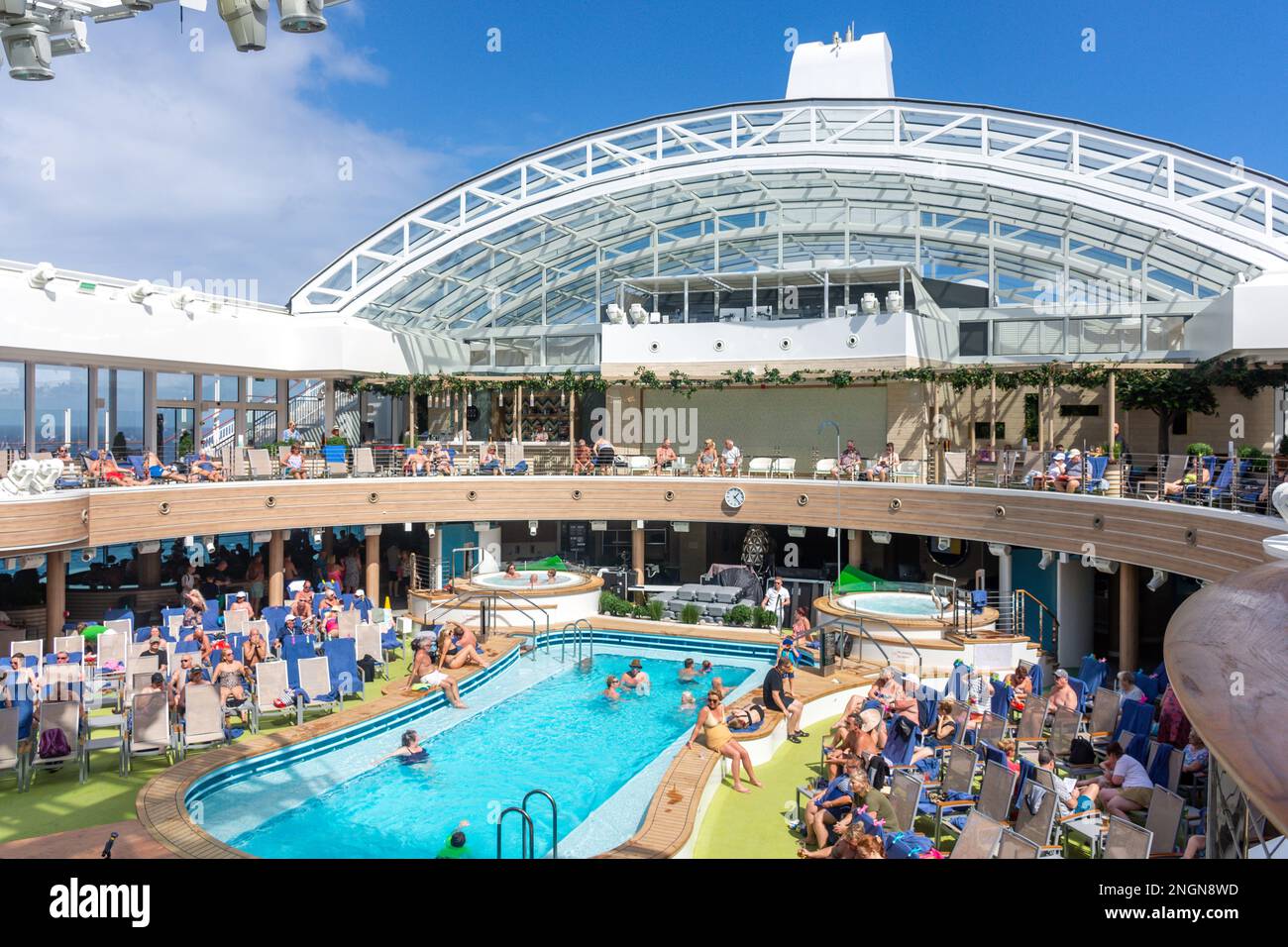 Skydome with open retractable roof on P&O Arvia cruise ship, Lesser Antilles, Caribbean Stock Photo