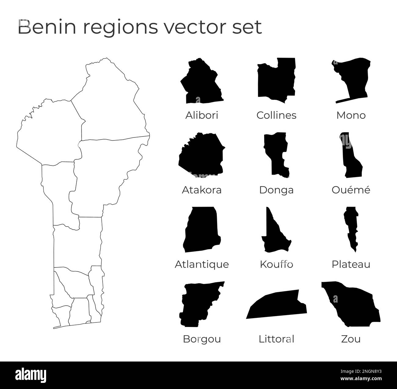 Benin map with shapes of regions. Blank vector map of the country with regions. Borders of the country for your infographic. Vector illustration. Stock Vector