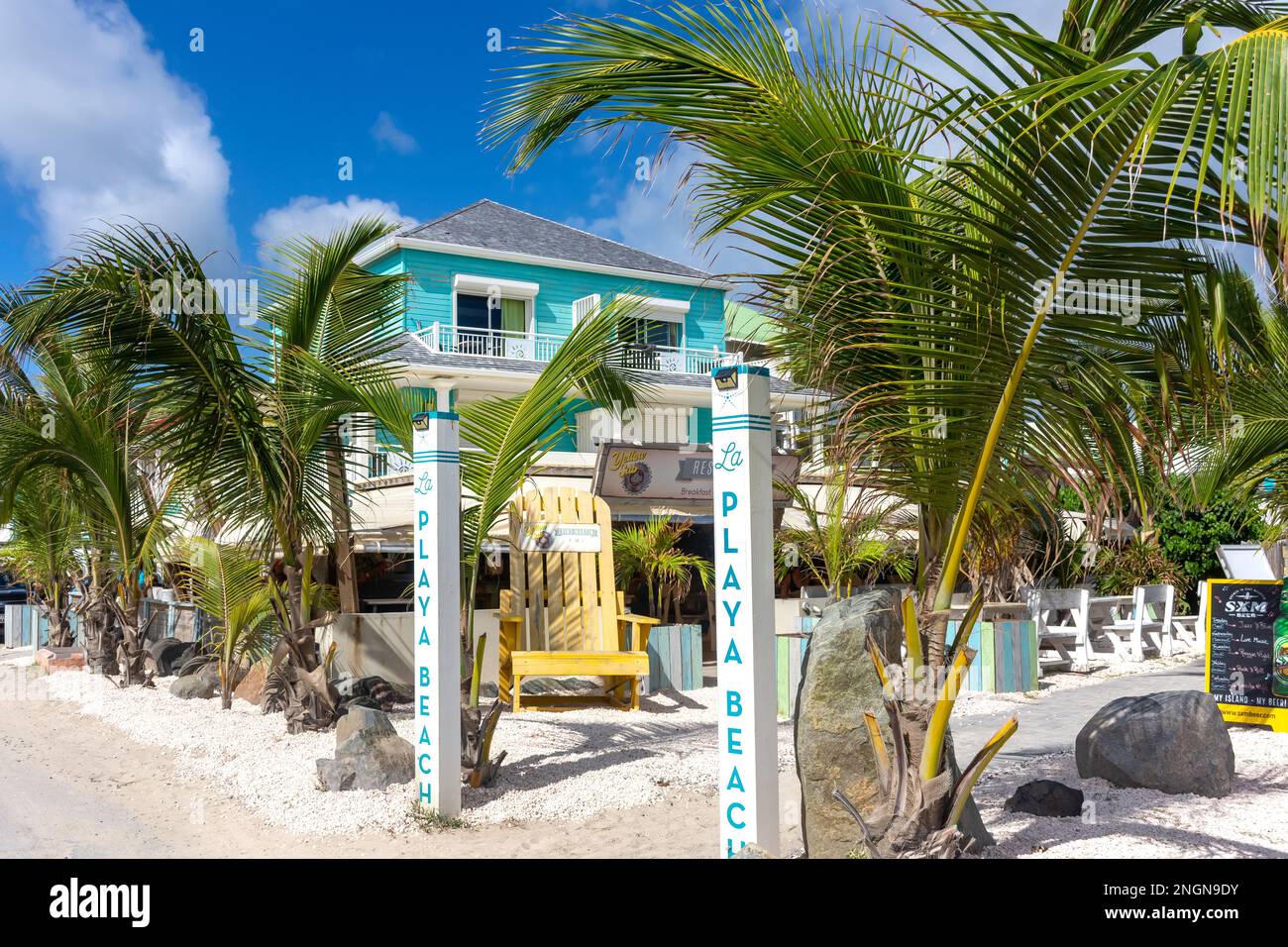 Entrance to La Playa Orient Bay Bar & Restaurant, Orient Bay (Baie Orientale), St Martin (Saint-Martin), Lesser Antilles, Caribbean Stock Photo