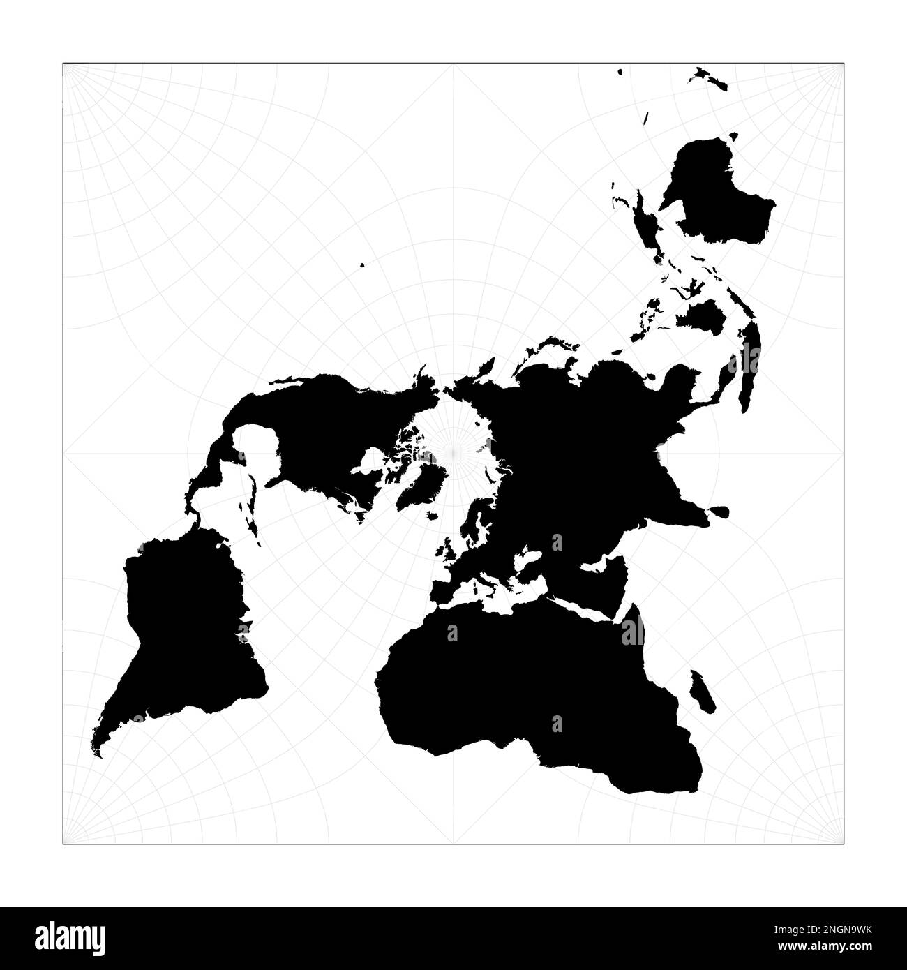Black world map on white background. Peirce quincuncial projection. Plan world geographical map with graticlue lines. Vector illustration. Stock Vector