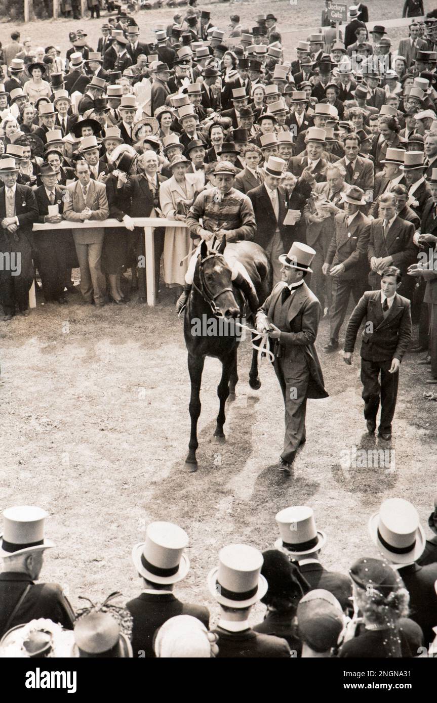 Picrure showing Tulyar, Aga's fifth Derby winner in may 1952. The photo shows Ali Khan leading his father's horse into unsaddling enclosure after it won the 173rd derby stakes at Epsom. The jokey is Charlie Smirke Stock Photo