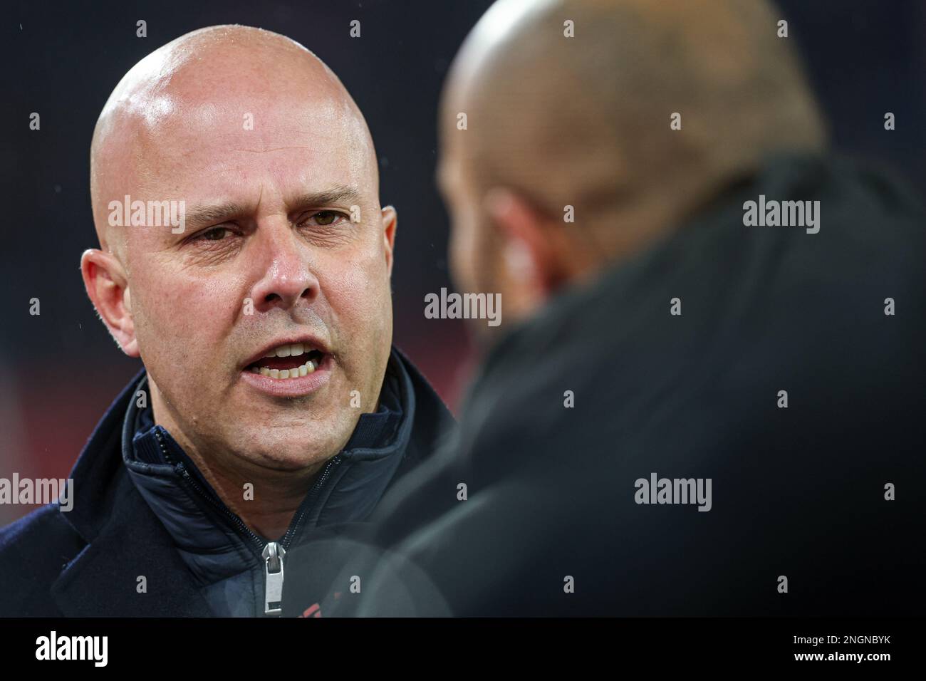 ROTTERDAM, NETHERLANDS - FEBRUARY 18: head coach Arne Slot of Feyenoord during the Dutch Eredivisie match between Feyenoord and AZ at Stadion Feijenoord on February 18, 2023 in Rotterdam, Netherlands (Photo by Peter Lous/Orange Pictures) Stock Photo