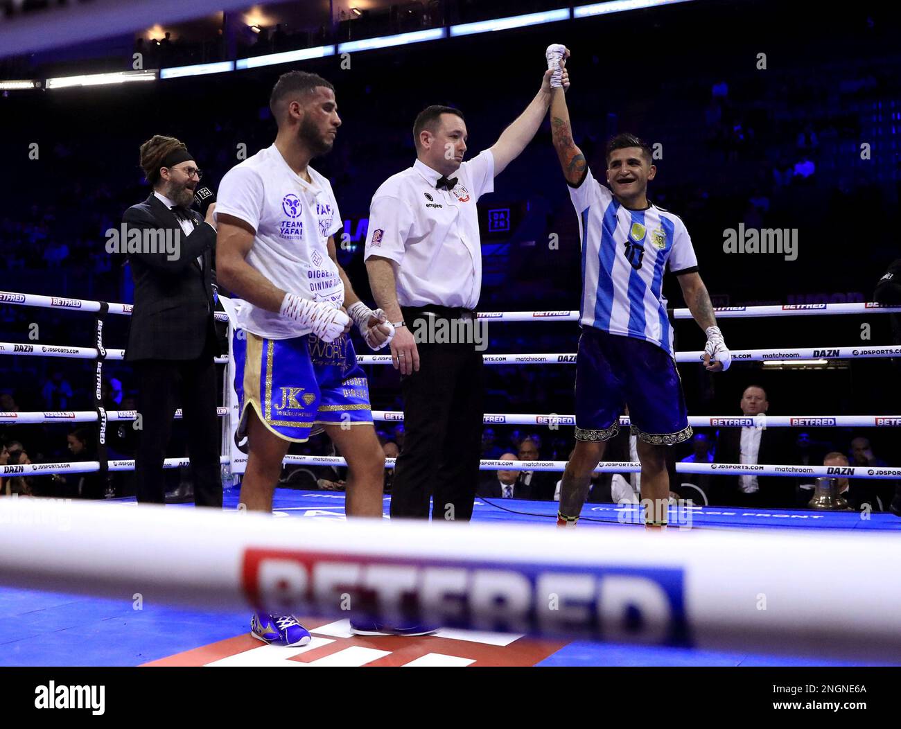 Diego Alberto Ruiz (right) is declared the winner over Gamal Yafai after their International Super-Bantamweight contest at the Motorpoint Arena, Nottingham. Picture date: Saturday February 18, 2023. Stock Photo