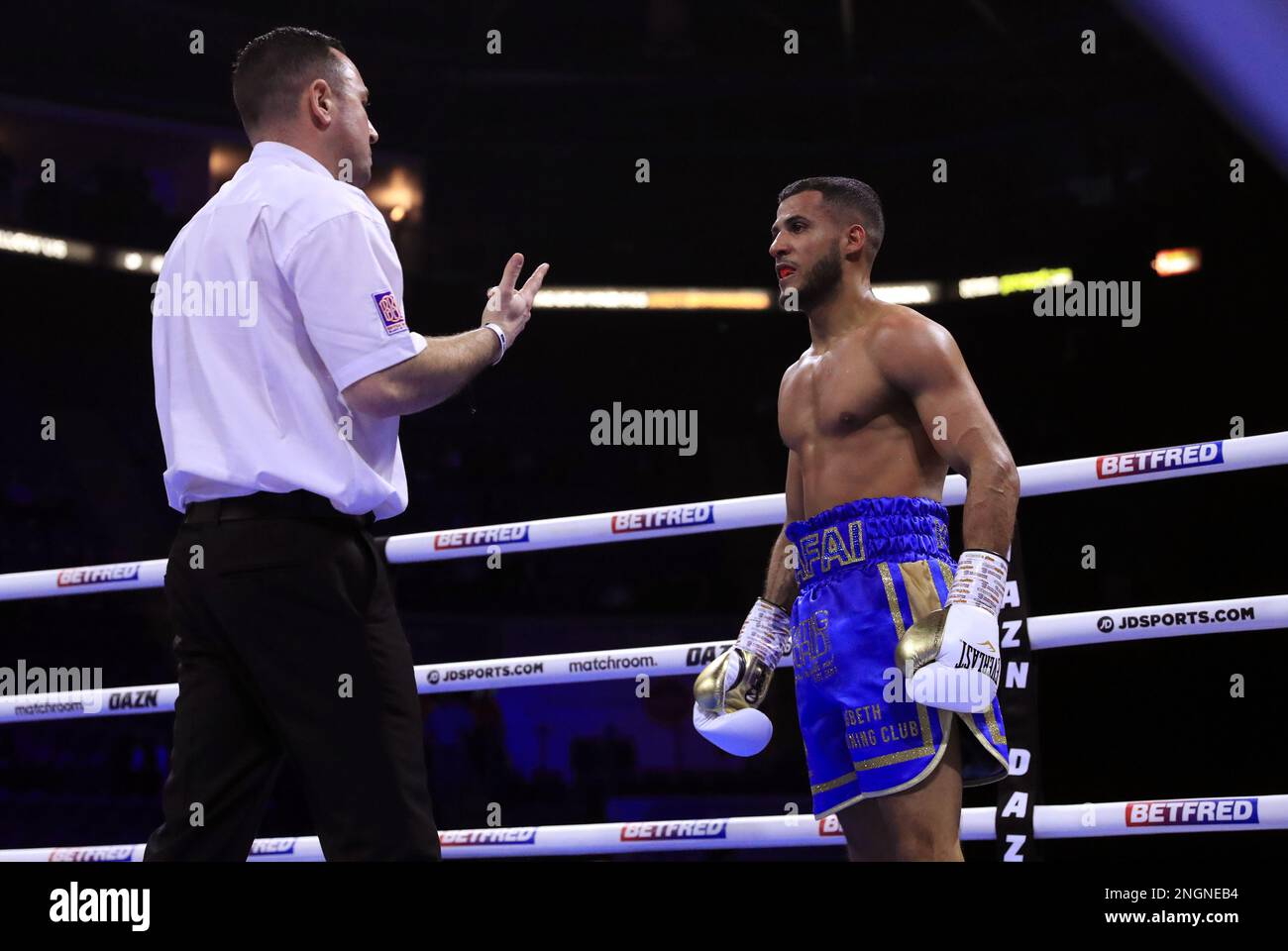 Gamal Yafai is given a standing count during the International Super-Bantamweight contest against Diego Alberto Ruiz at the Motorpoint Arena, Nottingham. Picture date: Saturday February 18, 2023. Stock Photo