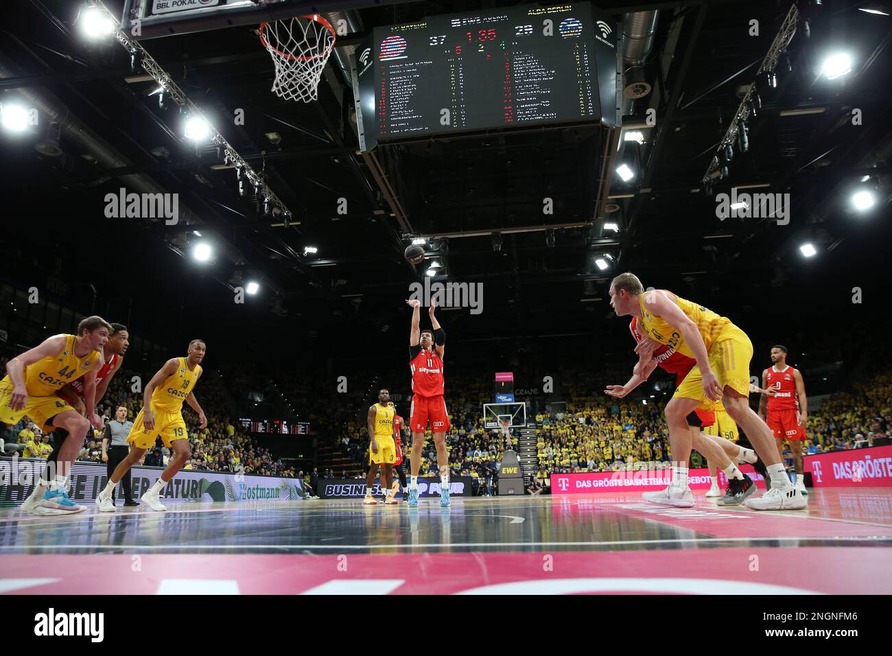 Oldenburg, Germany. 18th Feb, 2023. Basketball: BBL Cup, Final Four, Semifinal, FC Bayern Munich - Alba Berlin. Munich's Vladimir Lucic stands at the free-throw line and throws. Credit: Matthias Stickel/dpa/Alamy Live News Stock Photo