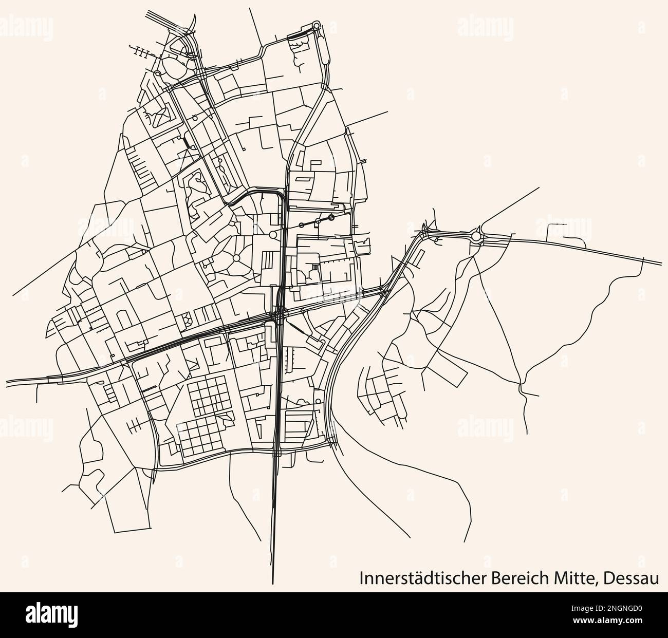 Street roads map of the INNERSTÄDTISCHER BEREICH MITTE BOROUGH, DESSAU ...
