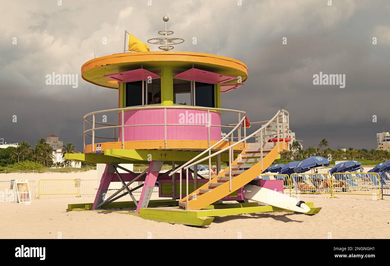Miami, USA - March 19, 2021: miami beach lifeguard house on sand in south beach located in Florida in the United States. Stock Photo