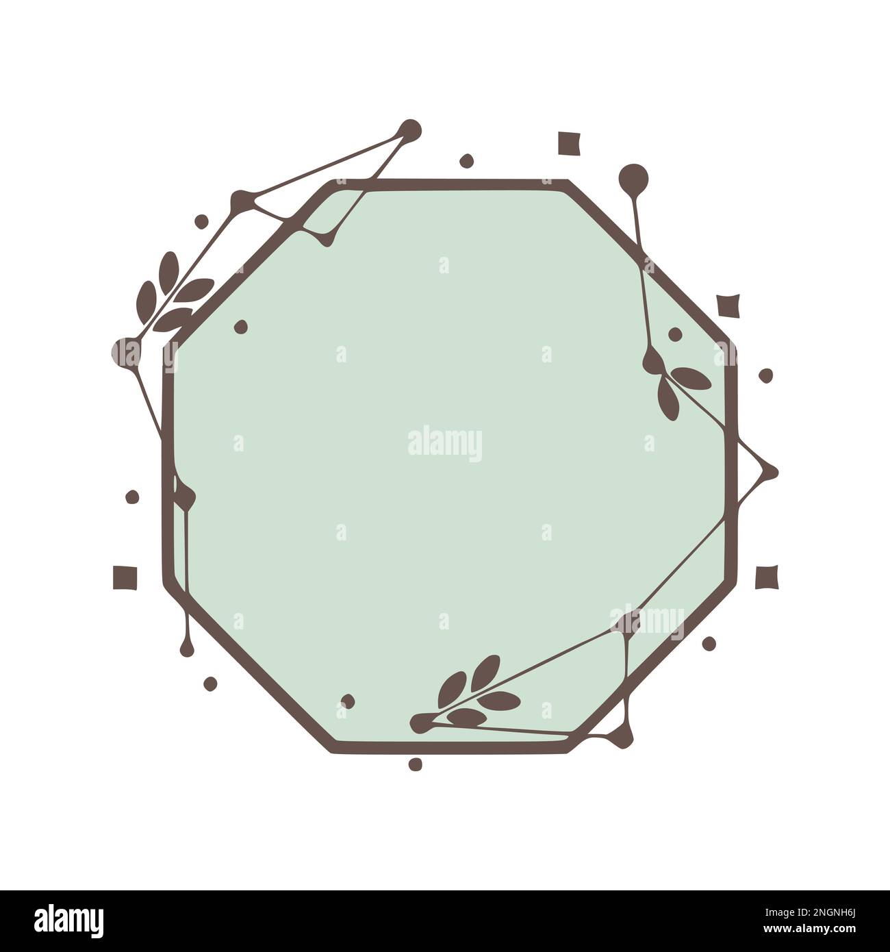 Hexagonal nature geometric frames with leaves made from lines and dots in hand drawn style. Stock Vector