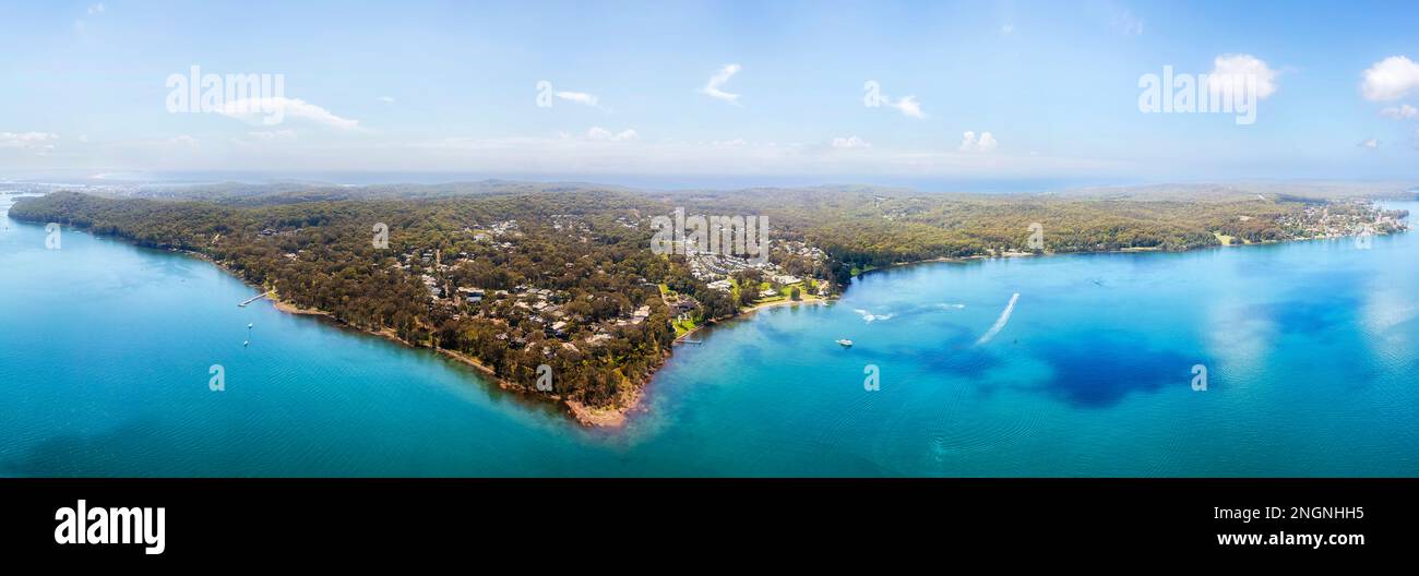 Aerial lakeshore panorama of Murrays beach Swansea cams wharf resort