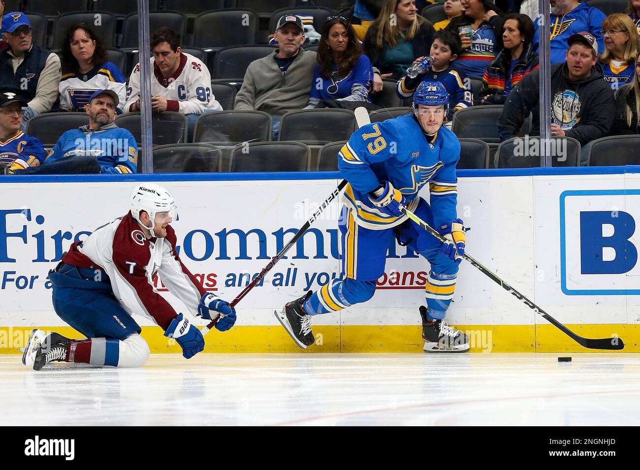 St. Louis Blues' Sammy Blais handles the puck during the second period of  an NHL hockey game against the Arizona Coyotes Tuesday, Feb. 2, 2021, in  St. Louis. (AP Photo/Jeff Roberson Stock