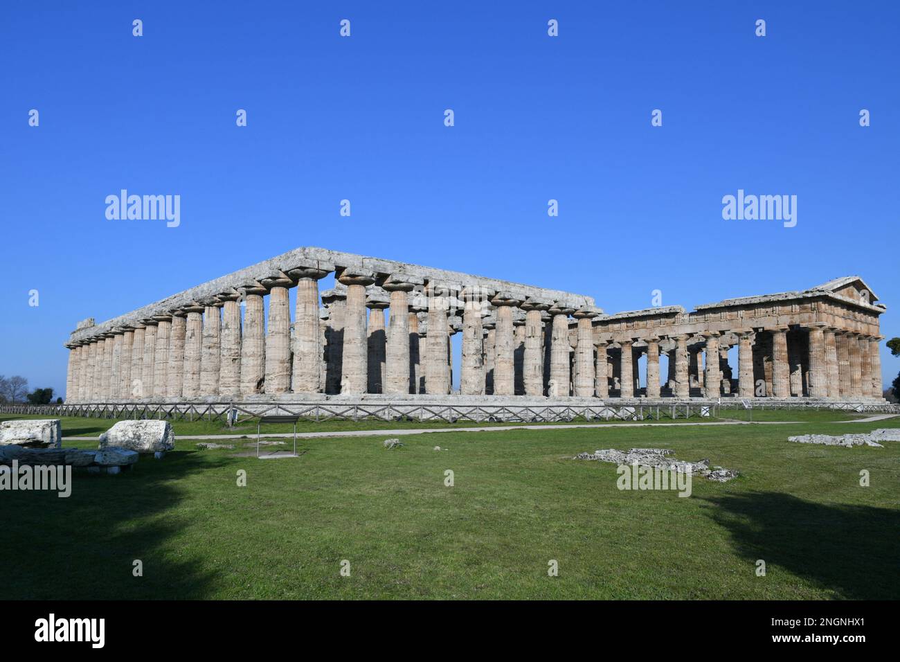 Architecture of an ancient Greek temple in the archaeological park in Salerno province, Campania state, Italy. Stock Photo