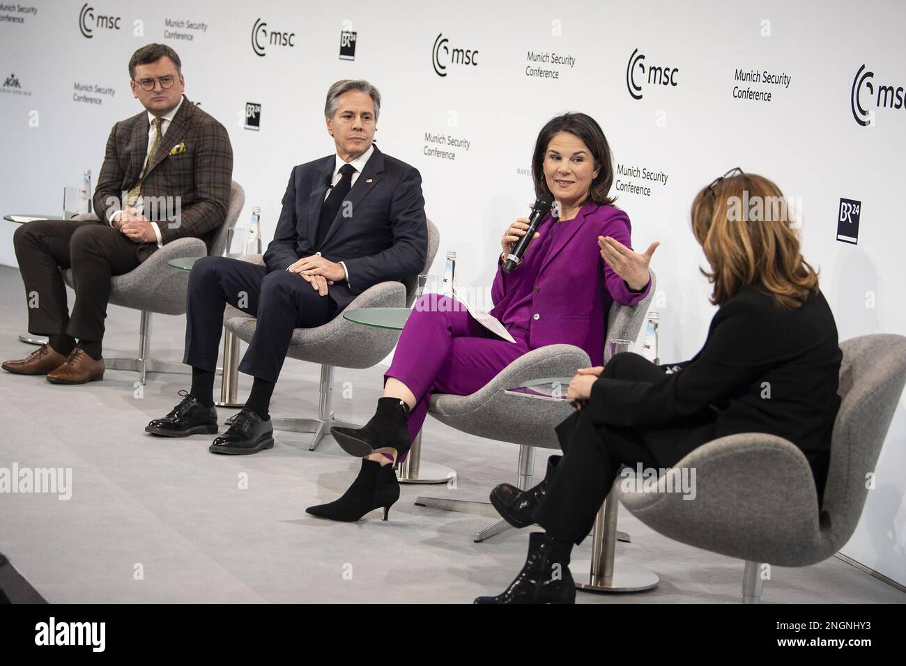 Munich, Germany. 18th Feb, 2023. (L-R) Dmytro Kuleba Foreign Minister of Ukraine, United States Secretary of State Antony Blinken and German Foreign Minister Annalena Baerbock listen during a Q&A at the 2023 Munich Security Conference (MSC) in Munich, southern Germany, on Saturday on February 18, 2023. The Munich Security Conference running from February 17 to 19, 2023 brings world leaders together ahead of the first anniversary of Russia's invasion of Ukraine as Kyiv steps up pleas for more weapons. Photo by Stephan Goerlich MSC /UPI Credit: UPI/Alamy Live News Stock Photo