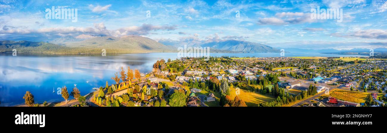 Scenic lake town Te Anau in New Zealand on Te Anau lake - aerial panorama. Stock Photo