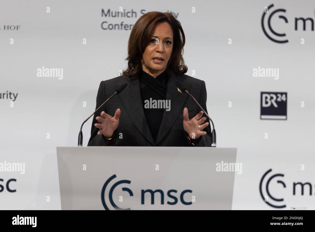 Munich, Germany. 18th Feb, 2023. US Vice President Kamala Harris speaks during the 2023 Munich Security Conference (MSC) in Munich, southern Germany, on Saturday, February 18, 2023. The Munich Security Conference running from February 17 to 19, 2023 brings world leaders together ahead of the first anniversary of Russia's invasion of Ukraine as Kyiv steps up pleas for more weapons. Photo by Alexandra Baier MSC/UPI Credit: UPI/Alamy Live News Stock Photo