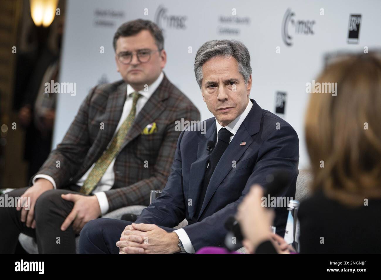 Munich, Germany. 18th Feb, 2023. (L-R) Dmytro Kuleba Foreign Minister of Ukraine, and United States Secretary of State Antony Blinken listen during a Q&A at the 2023 Munich Security Conference (MSC) in Munich, southern Germany, on Saturday on February 18, 2023. The Munich Security Conference running from February 17 to 19, 2023 brings world leaders together ahead of the first anniversary of Russia's invasion of Ukraine as Kyiv steps up pleas for more weapons. Photo by Stephan Goerlich MSC/UPI Credit: UPI/Alamy Live News Stock Photo