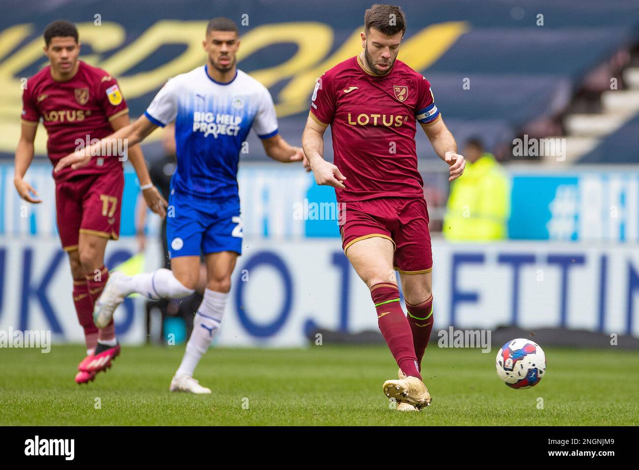 Grant Hanley #5 of Norwich City during the Sky Bet Championship match between Wigan Athletic and Norwich City at the DW Stadium, Wigan on Saturday 18th February 2023. (Photo: Mike Morese | MI News) Credit: MI News & Sport /Alamy Live News Stock Photo