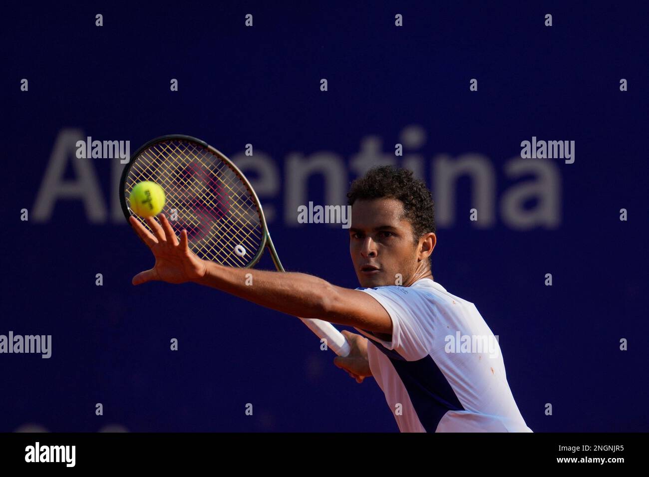 Juan Pablo Varillas, of Peru, returns the ball to Cameron Norrie, of Britain, during an Argentina Open ATP semifinals match, in Buenos Aires, Argentina, Saturday, Feb