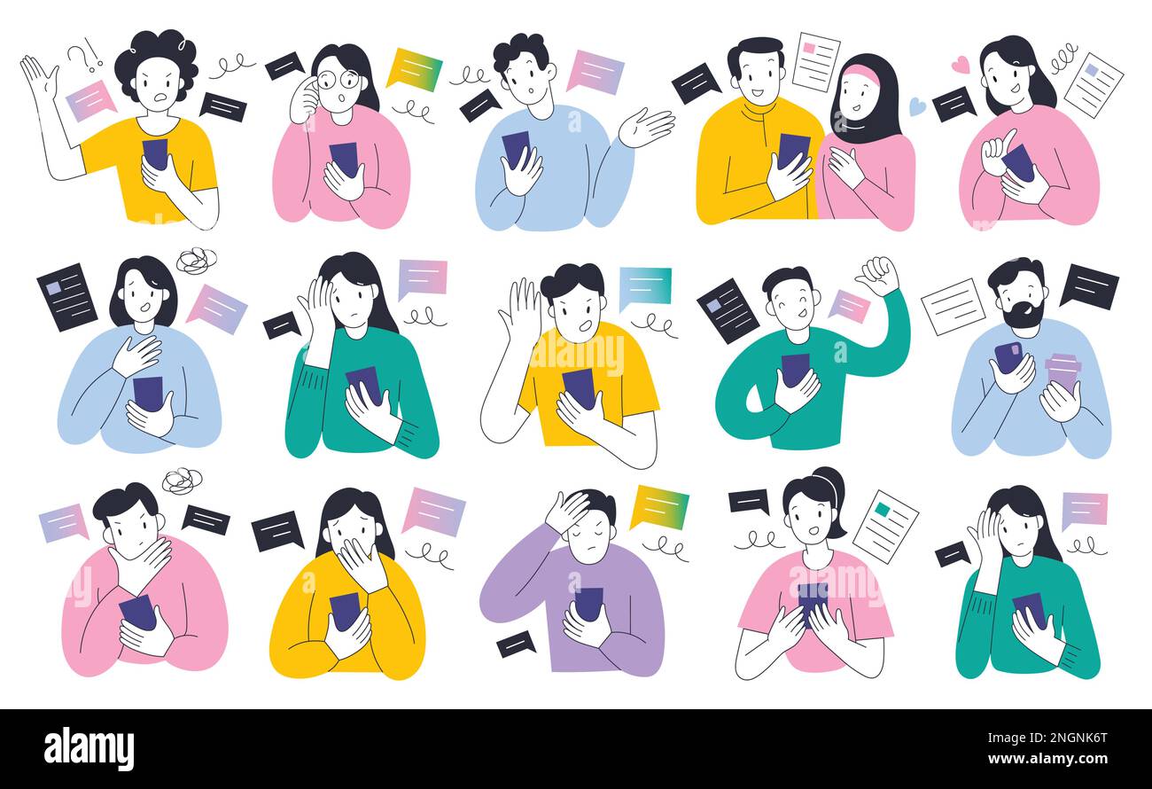 People reading news using smartphone app with various facial