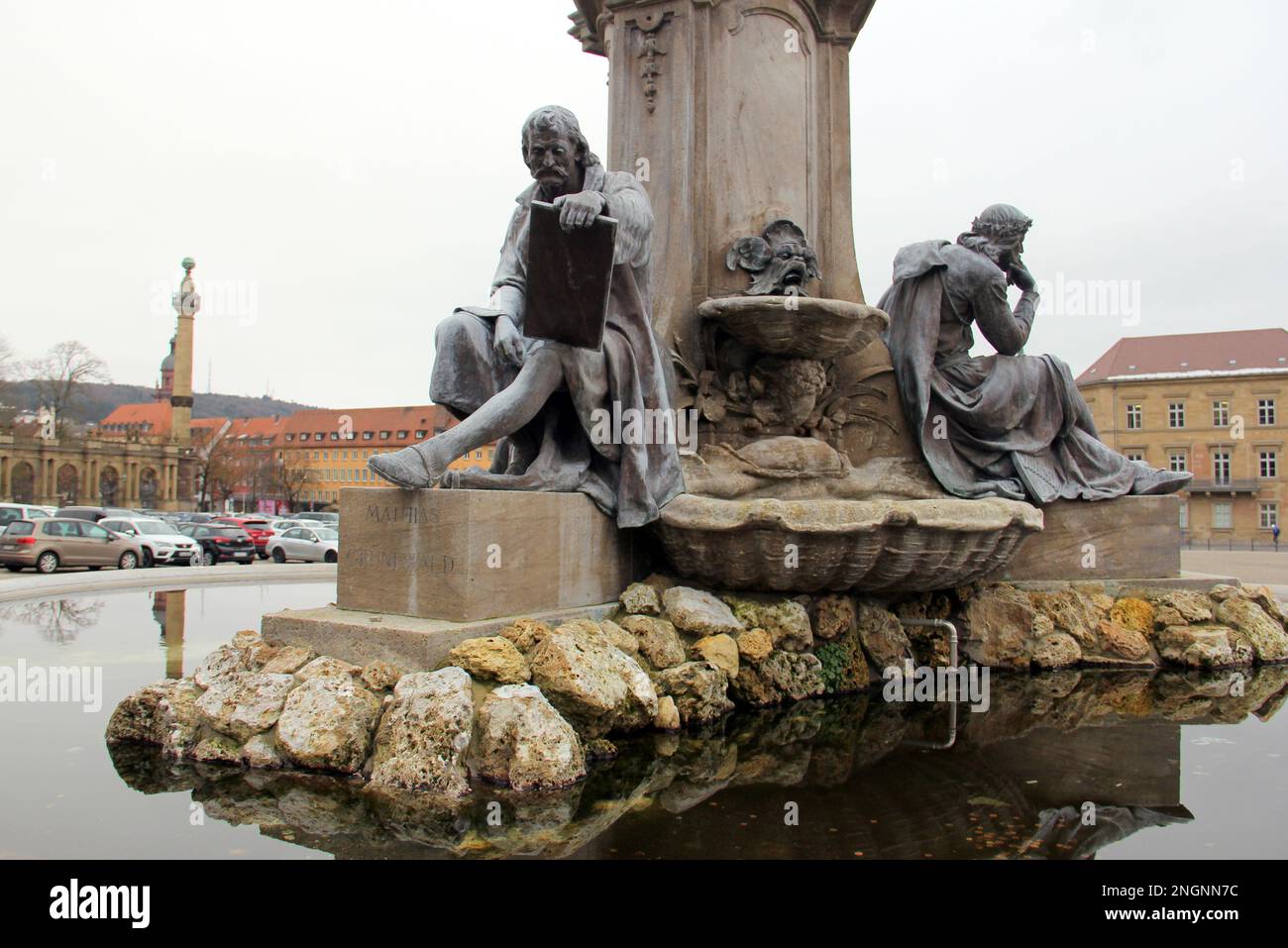 Sculptures of famous historical personae, at the Frankonianbrunnen, neo-baroque fountain in front of the Archbishopric Palace, Wurzburg, Germany Stock Photo